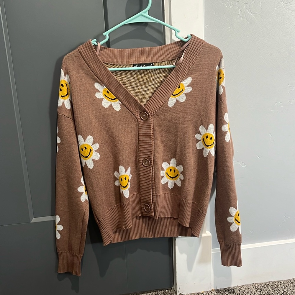 Warm Brown Knit Cardigan with Floral Design